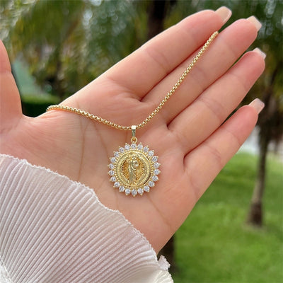 Multi-Style Copper Plating 18K Gold Inlaid Zircon Artificial Pearl Drop Oil Saint Jude round Pendant Necklace Fashion Noble Suitable for Mother's Day Valentine's Day Gift