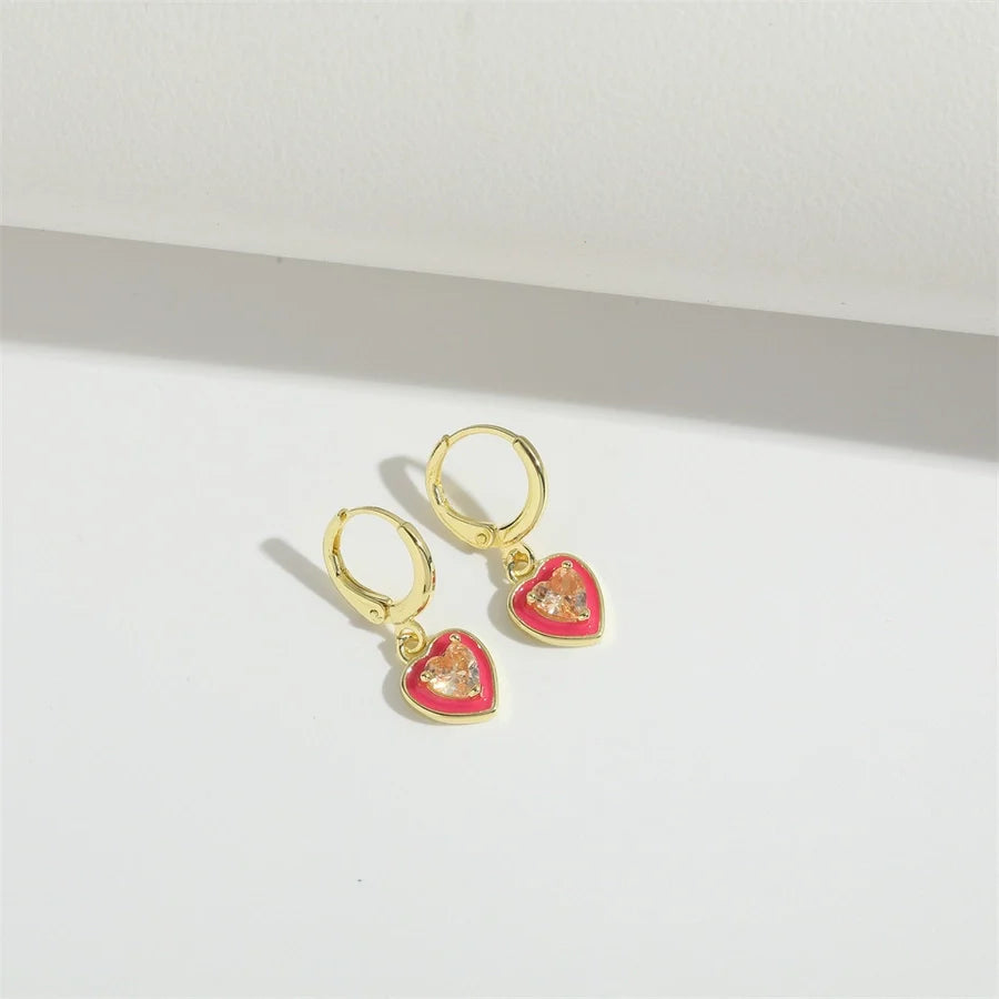 1 Pair Elegant Simple Style Commute Four Leaf Clover Heart Shape Enamel Inlay Copper Zircon 14K Gold Plated Drop Earrings