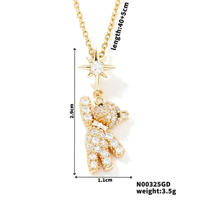 304 Stainless Steel Copper K Gold Plated Rhodium Plated Inlay Bear Zircon Pendant Necklace