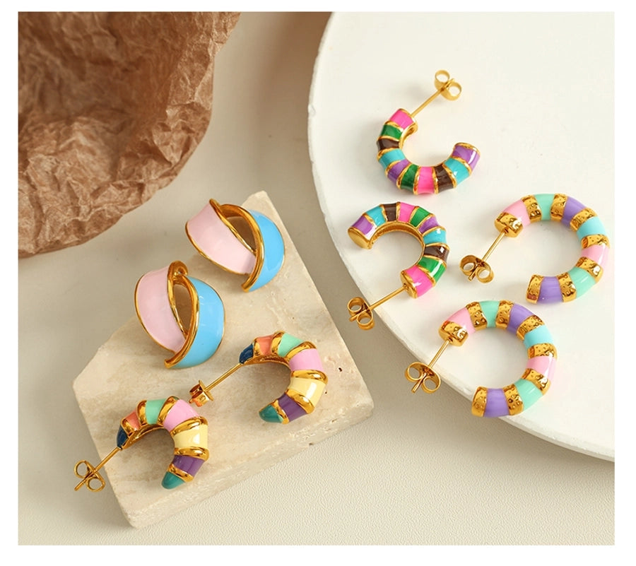 1 Pair IG Style Elegant Vintage Style C Shape Polishing Enamel Plating 304 Stainless Steel 18K Gold Plated Ear Studs