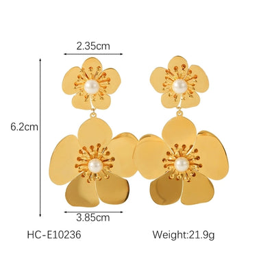 1 Piece IG Style Flower Plating Inlay 304 Stainless Steel Natural Stone Pearl 18K Gold Plated Drop Earrings Ear Studs