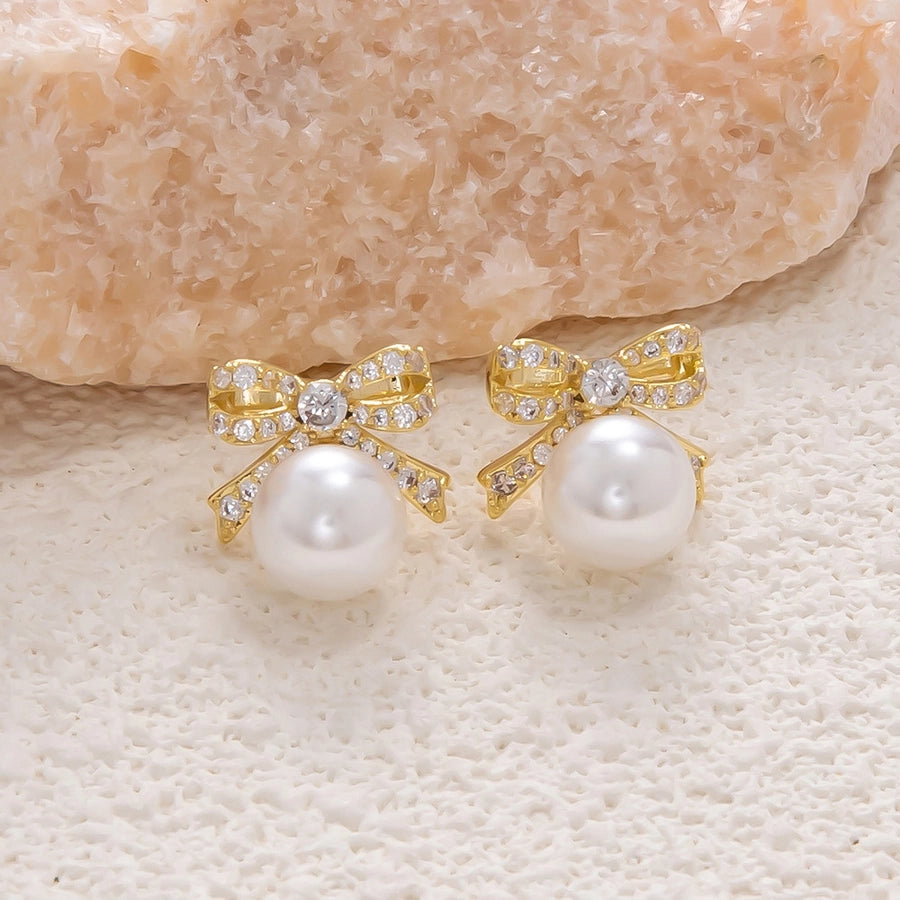 1 Pair Elegant Streetwear Bow Knot Plating Copper Zircon Drop Earrings Ear Studs