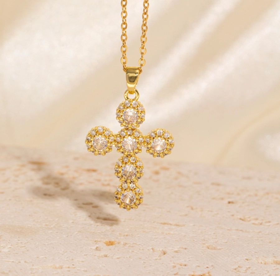 Copper Plating Cross Zircon Pendant Necklace