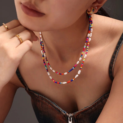 Jewelry Elegant Vacation Geometric 304 Stainless Steel Natural Freshwater Pearl 18K Gold Plated Beaded Necklace