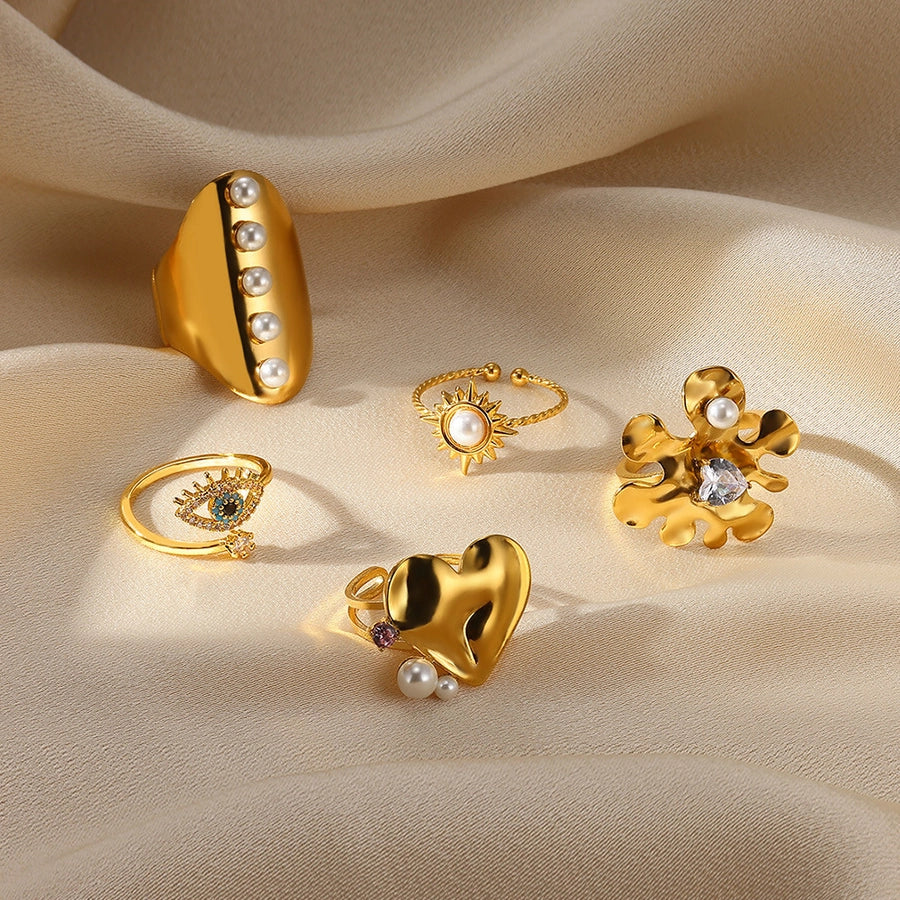 Jewelry IG Style Exaggerated Heart Shape Eye Solid Color 304 Stainless Steel Pearl Zircon Inlay Open Rings