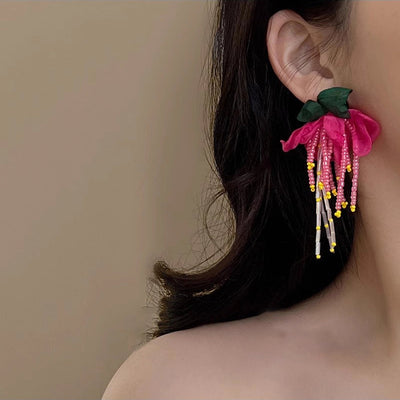 Mori chiffon flower beaded earrings female super fairy exaggerated Rose Red holiday style earrings  new popular