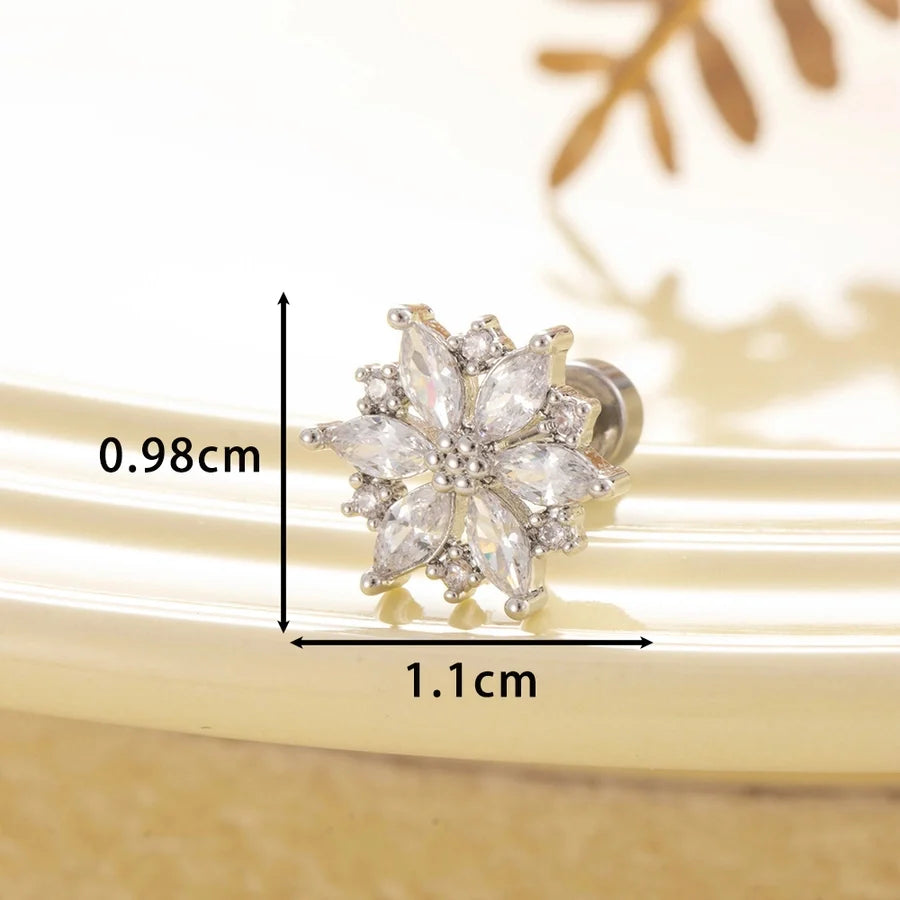 1 Piece Casual Korean Style Heart Shape Flower Copper Zircon Ear Studs