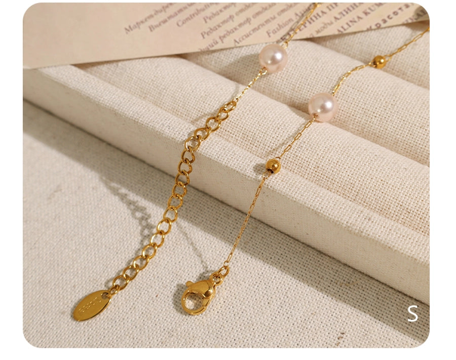 Jewelry IG Style Elegant French Style Round 304 Stainless Steel Artificial Pearls 18K Gold Plated Beaded Polishing Necklace