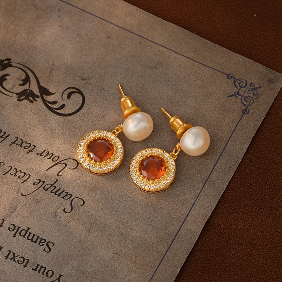 1 Pair Retro French Style Round Heart Shape Copper Zircon 18K Gold Plated Drop Earrings