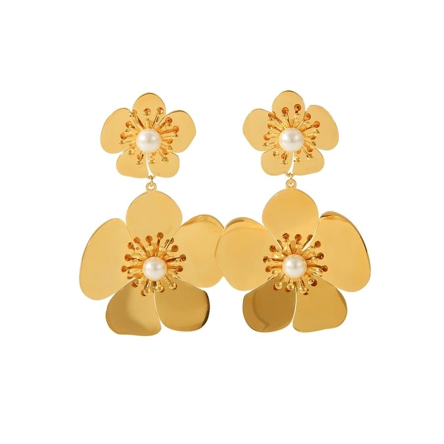 1 Pair IG Style Flower Plating Inlay 304 Stainless Steel Pearl 18K Gold Plated Ear Studs