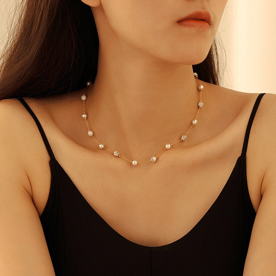 Europe and America  Natural Stone Imitation Pearl Clavicle Necklace Temperamental Bracelet  Style Niche Stainless Steel Jewelry Set