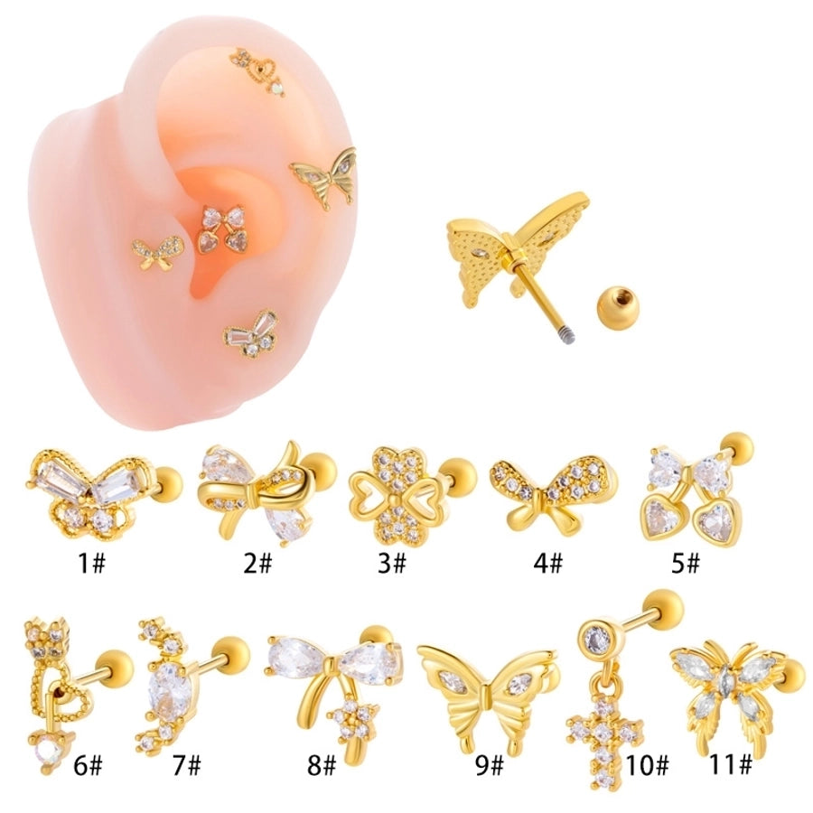 1 Piece IG Style Simple Style Korean Style Heart Shape Butterfly Bow Knot Inlay 316 Stainless Steel  Copper Zircon Ear Studs