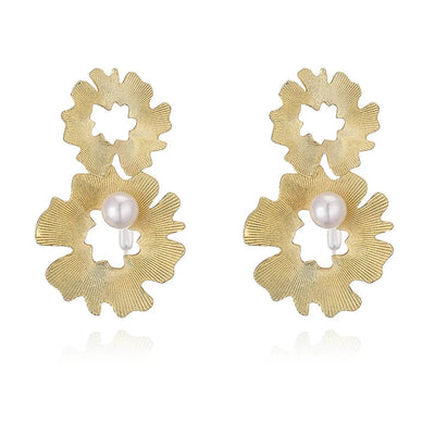 French Retro Copper Plating 18K Gold Inlaid Pearl Jasmine Flower Rings Ear Studs Special-Interest Design Striped Wing-Shaped Earrings