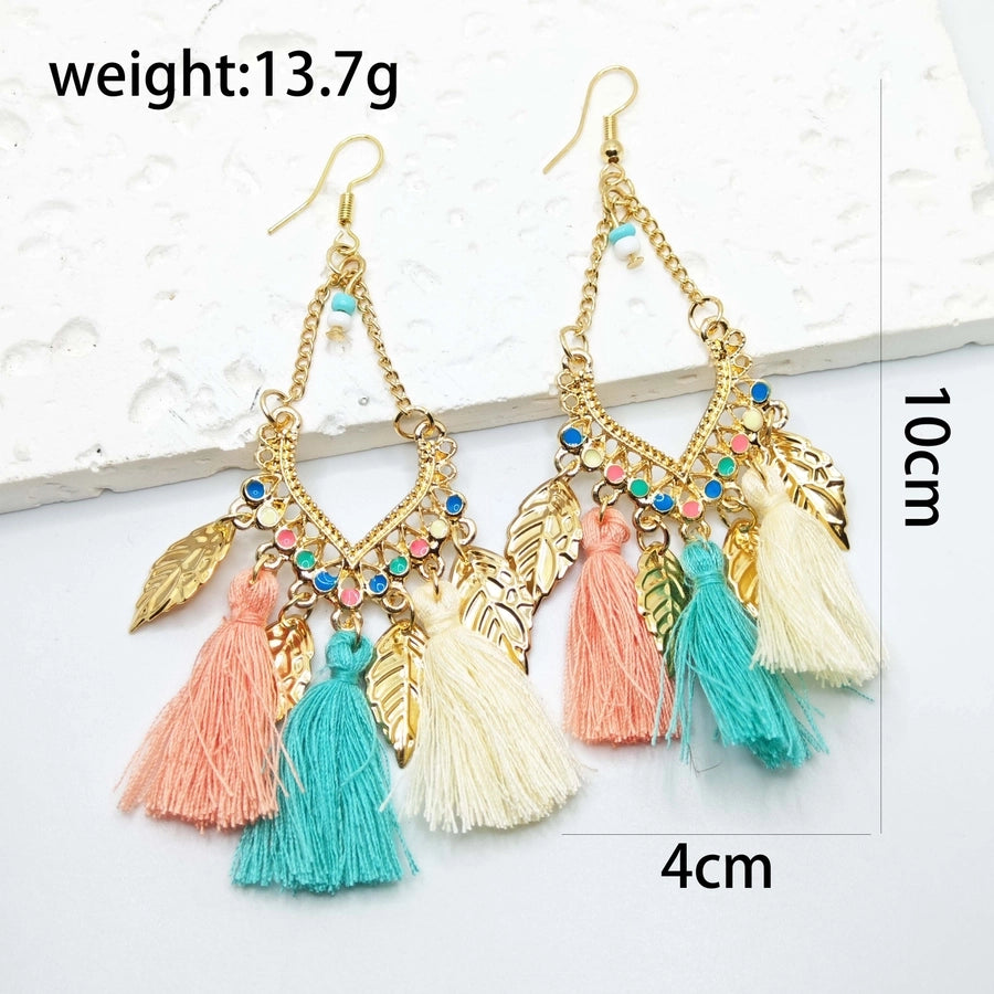 1 Pair Retro Tropical Geometric Round Leaves Tassel Plating Braid 304 Stainless Steel Feather 18K Gold Plated Drop Earrings