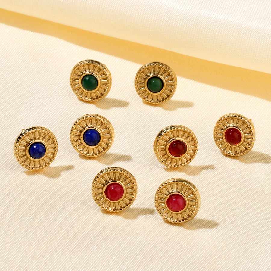 One Pack and Two Pairs Retro French Style Geometric Plating Titanium Steel Natural Stone 14K Gold Plated Ear Studs