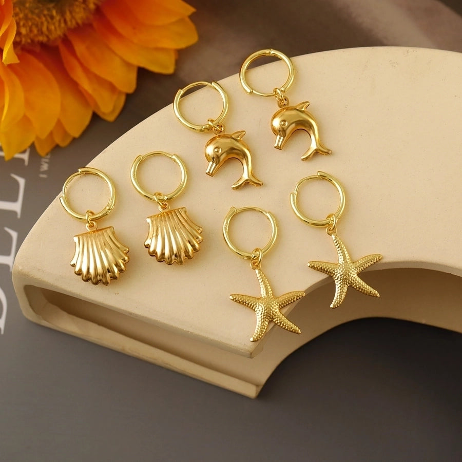 1 Pair Marine Style Scallop Starfish Dolphin Polishing Epoxy 304 Stainless Steel 18K Gold Plated Hoop Earrings Drop Earrings