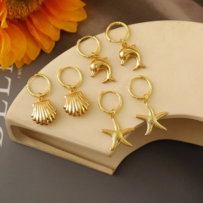 1 Pair Marine Style Scallop Starfish Dolphin Polishing Epoxy 304 Stainless Steel 18K Gold Plated Hoop Earrings Drop Earrings