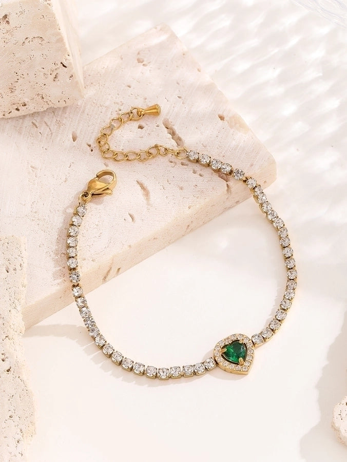 Elegant Lady Streetwear Oval Heart Shape Titanium Steel 18K Gold Plated Artificial Crystal Bracelets In Bulk