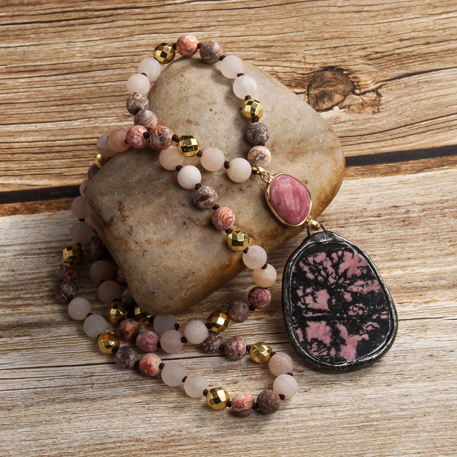 Bohemian Geometric natural stone Beaded Chain Pendant Necklace In Bulk