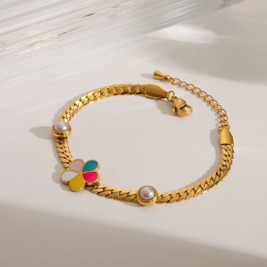 Jewelry French Style Sweet IG Style Flower 304 Stainless Steel Pearl 18K Gold Plated Enamel Inlay Bracelets Earrings Necklace