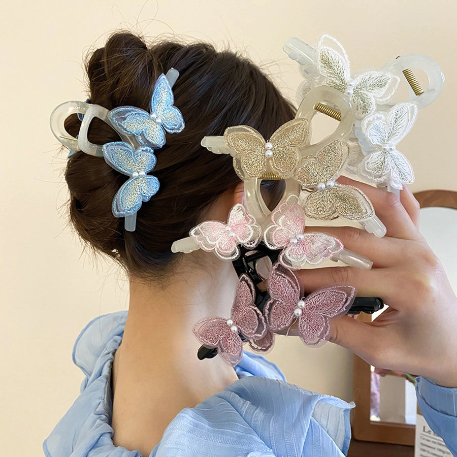 Women's Sweet Simple Style Butterfly Arylic Inlay Imitation Pearl Cloth Hair Clip