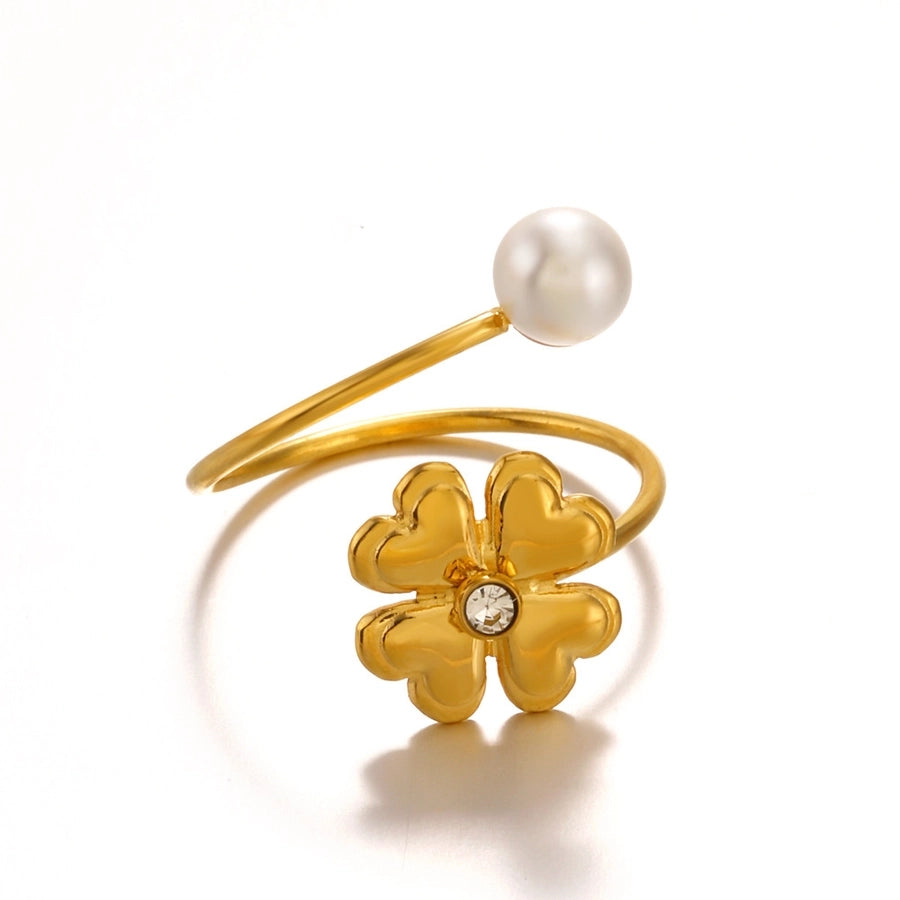 Jewelry IG Style Sweet Four Leaf Clover 304 Stainless Steel Pearl Zircon Inlay Open Rings