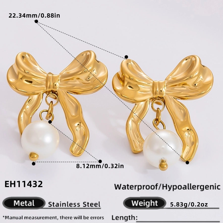 1 Pair Simple Style Commute Heart Shape Flower Bow Knot Plating 304 Stainless Steel Drop Earrings