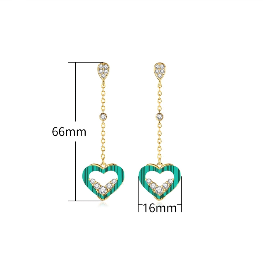 1 Pair Lady Sweet Classic Style Heart Shape Tassel Hollow Out Inlay Copper Alloy Malachite Zircon K Gold Plated Drop Earrings