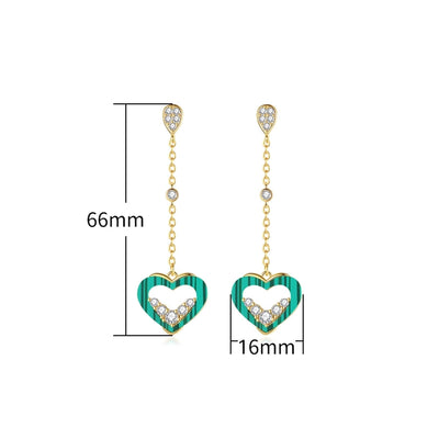 1 Pair Lady Sweet Classic Style Heart Shape Tassel Hollow Out Inlay Copper Alloy Malachite Zircon K Gold Plated Drop Earrings