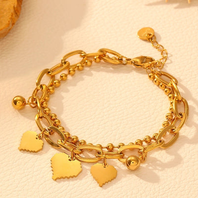 Elegant Heart Shape Titanium Steel 18K Gold Plated Beaded Chain cable chain Bracelets In Bulk