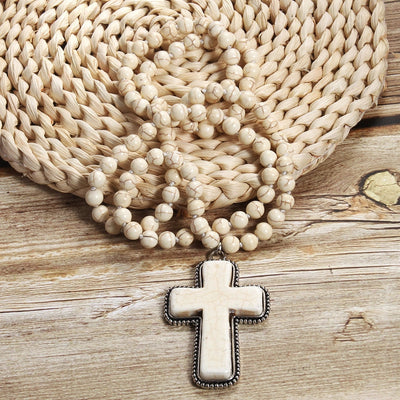 Bohemian Cross natural stone Beaded Chain Pendant Necklace In Bulk
