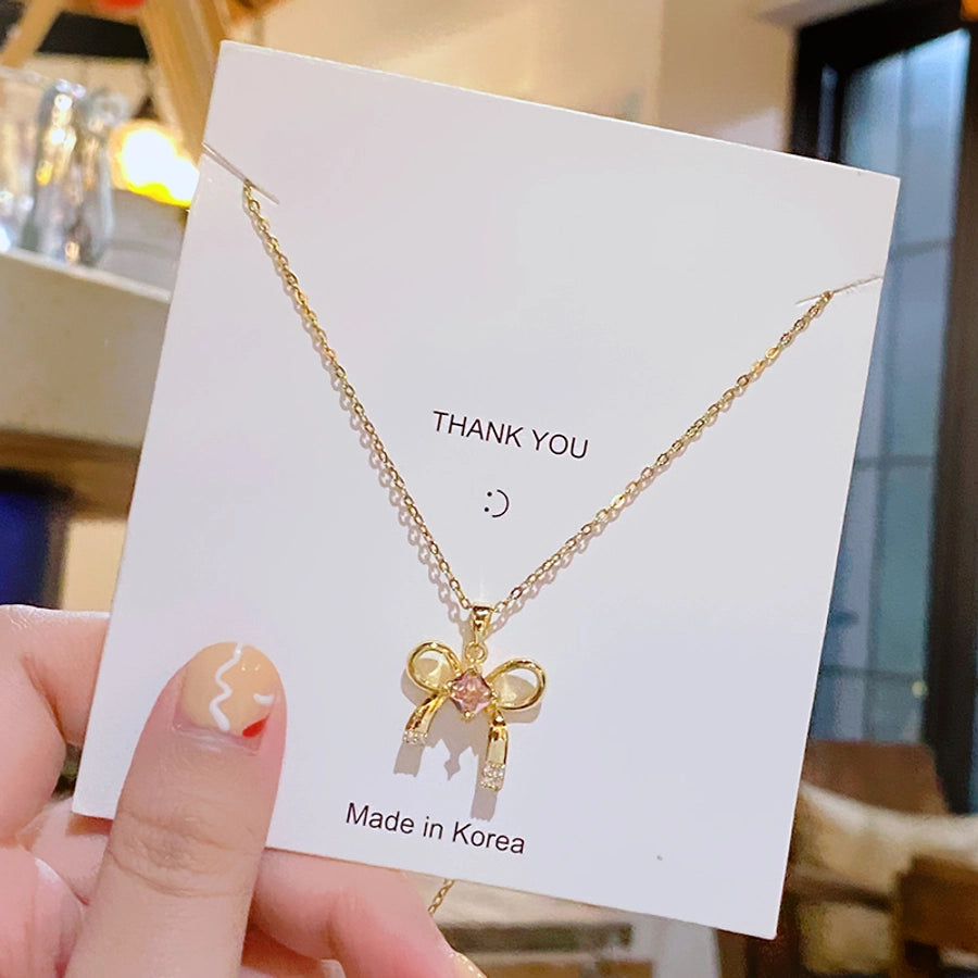 304 Stainless Steel Copper 18K Gold Plated K Gold Plated Inlay Bow Knot Zircon Pendant Necklace