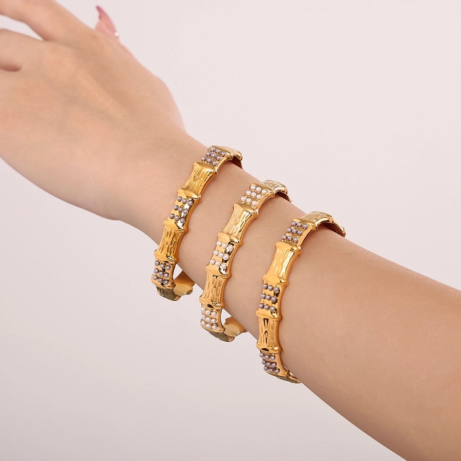 Elegant Luxurious Geometric 304 Stainless Steel 18K Gold Plated Artificial Pearls Bangle In Bulk