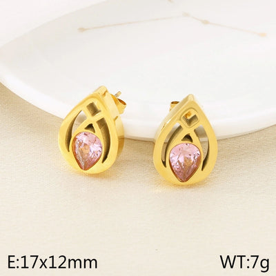 1 Pair Vintage Style Water Droplets Hollow Out Inlay 304 Stainless Steel Zircon 18K Gold Plated Ear Studs