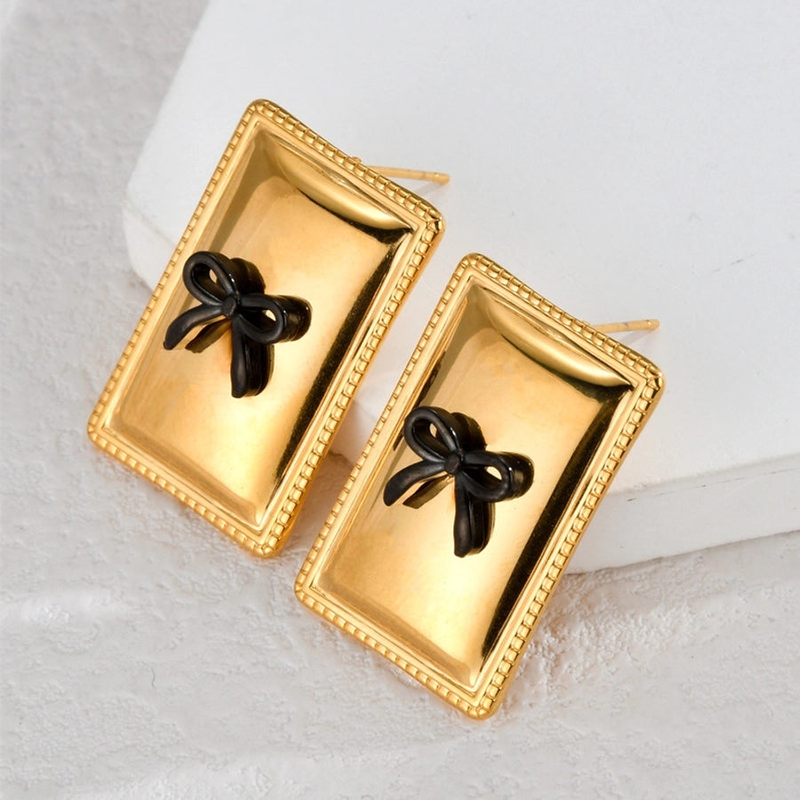 1 Pair Artistic Geometric Bow Knot Rectangle Inlay 304 Stainless Steel Pearl 18K Gold Plated Ear Studs