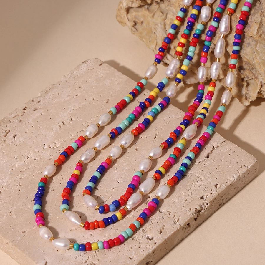 Jewelry Elegant Vacation Geometric 304 Stainless Steel Natural Freshwater Pearl 18K Gold Plated Beaded Necklace