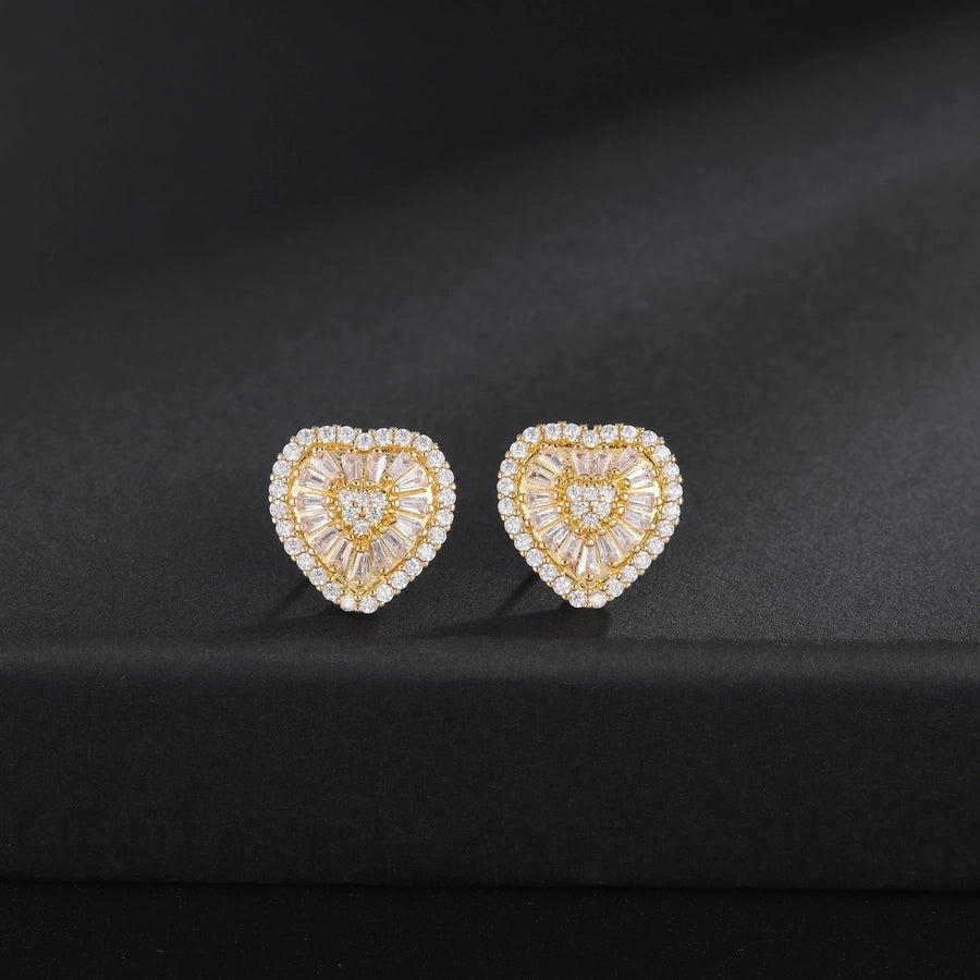 1 Pair Simple Style Shiny Heart Shape Inlay Copper Zircon 18K Gold Plated Ear Studs