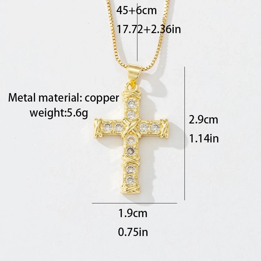 Copper box chain 18K Gold Plated Inlay Carving Cross Zircon Pendant Necklace