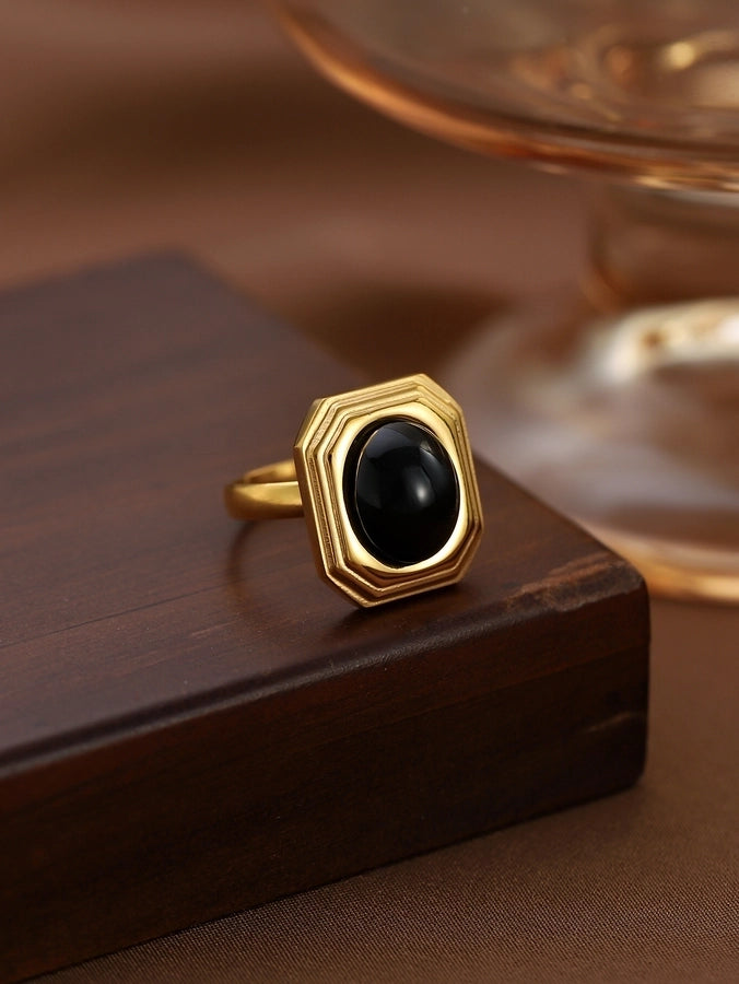 Jewelry Classical Retro Vintage Style Geometric 304 Stainless Steel Natural Stone Inlay Rings