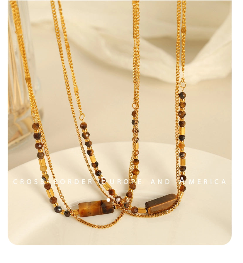 Jewelry IG Style Vintage Style Geometric 304 Stainless Steel Tiger Eye 18K Gold Plated Polishing Double Layer Necklaces