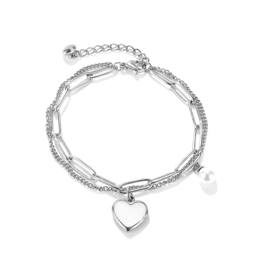 Casual Simple Style Heart Shape Titanium Steel 18K Gold Plated Artificial Pearls Shell Paperclip Chain Bracelets In Bulk