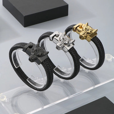 Business Lion's head Wolf Head Skull 304 Stainless Steel Leather 18K Gold Plated Men's Bracelets