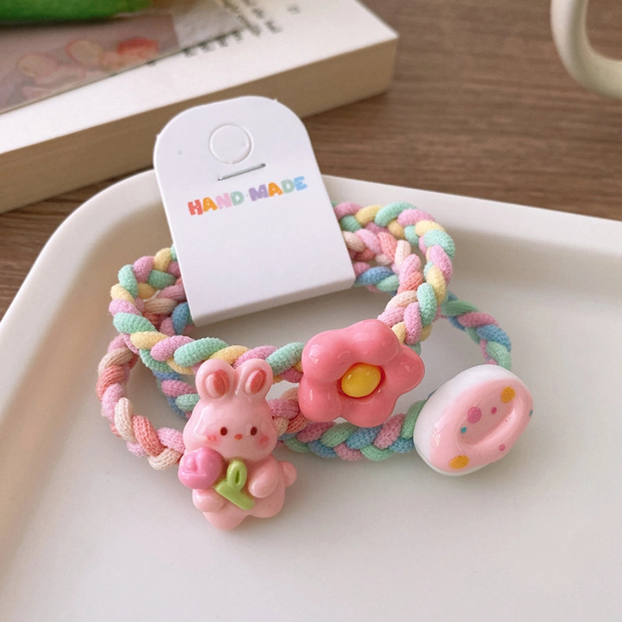 3 Sweet Fresh Ice Cream Color Cartoon Rabbit Flower Color Woven Ponytail Hair Ring Girl Student Hair Rope