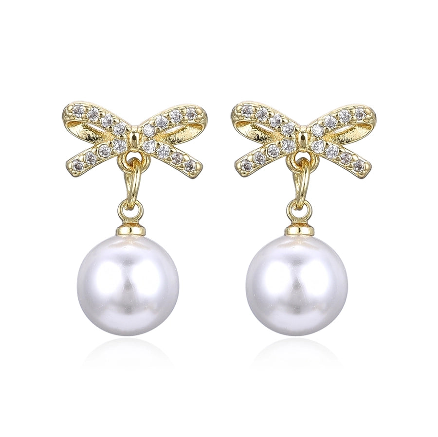 Copper Plating 18K Color Retention Imitation Pearl Bowknot Christmas Ear Studs Earrings