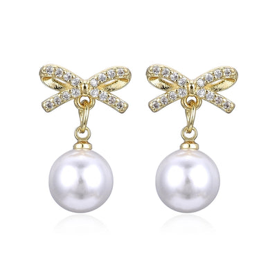 Copper Plating 18K Color Retention Imitation Pearl Bowknot Christmas Ear Studs Earrings