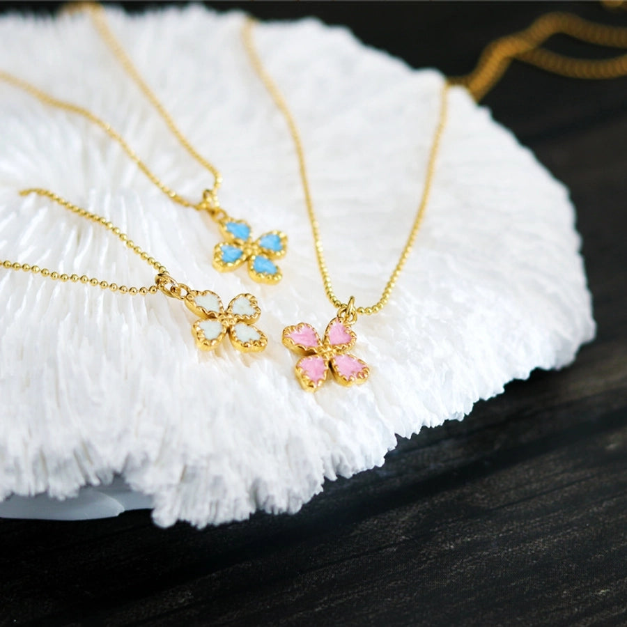 Jewelry Casual Retro French Style Leaf Flower Titanium Steel Enamel Pendant Necklace