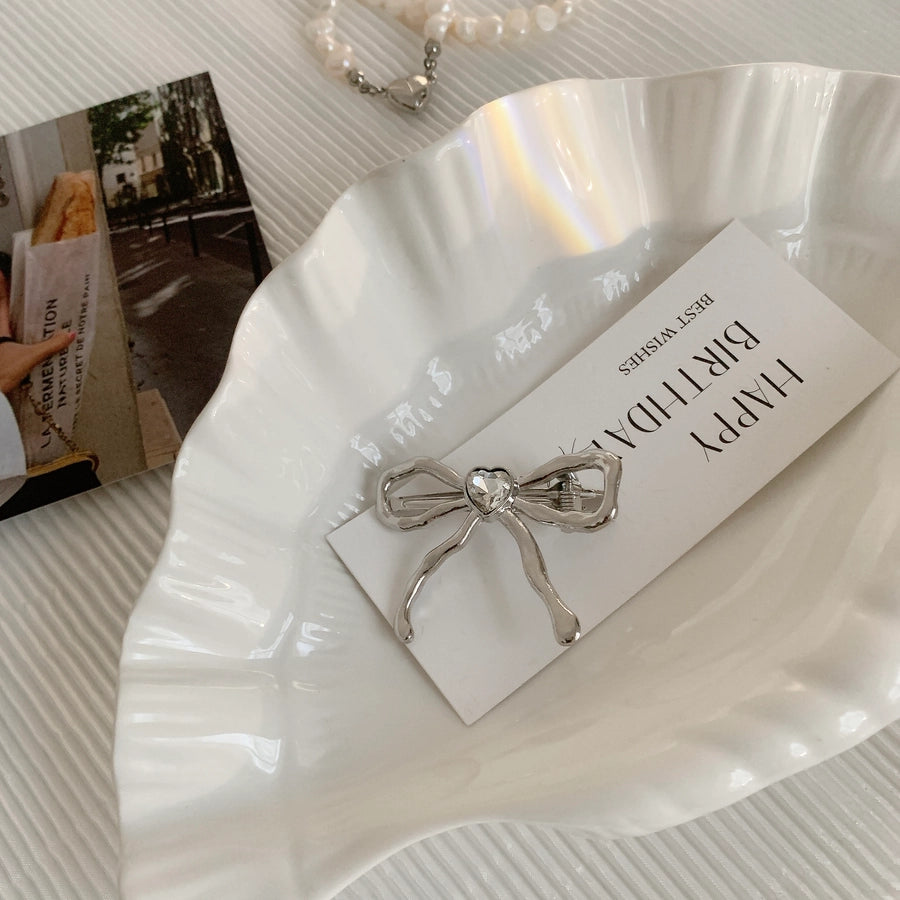 Women's IG Style Sweet Heart Shape Bow Knot Metal Hollow Out Inlay Rhinestones Hair Clip