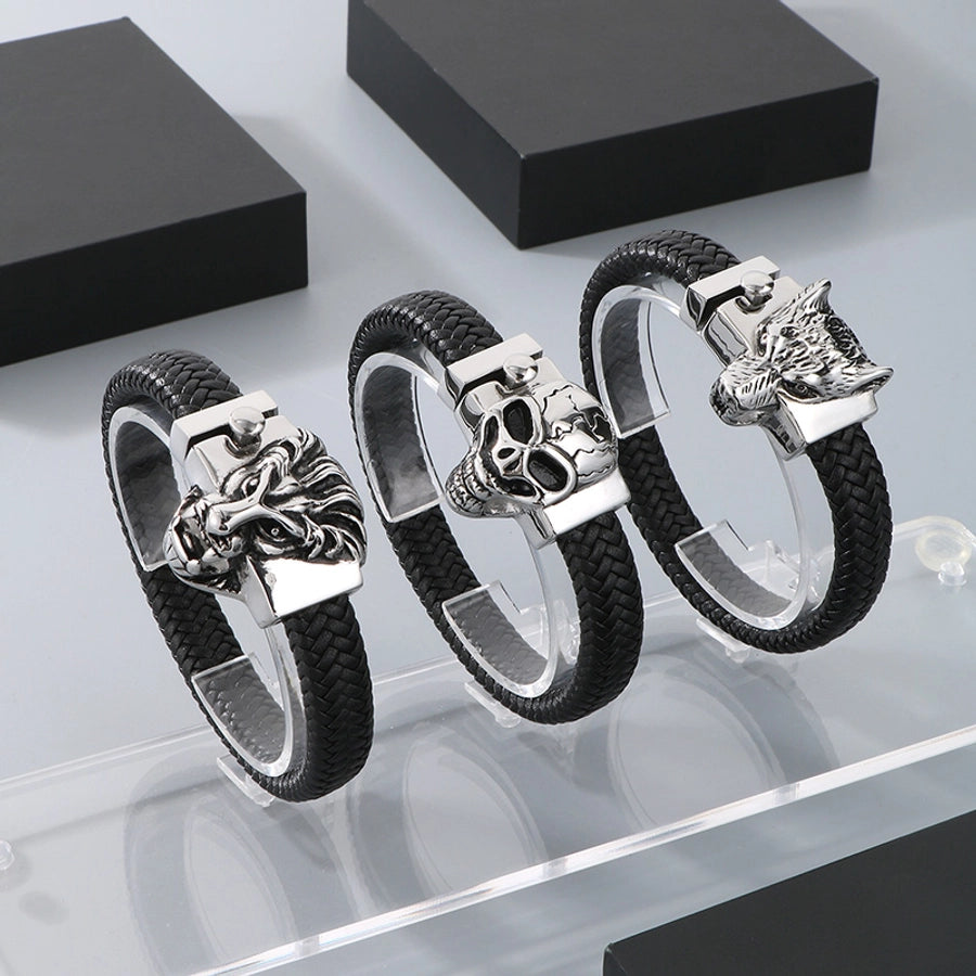 Business Lion's head Wolf Head Skull 304 Stainless Steel Leather 18K Gold Plated Men's Bracelets