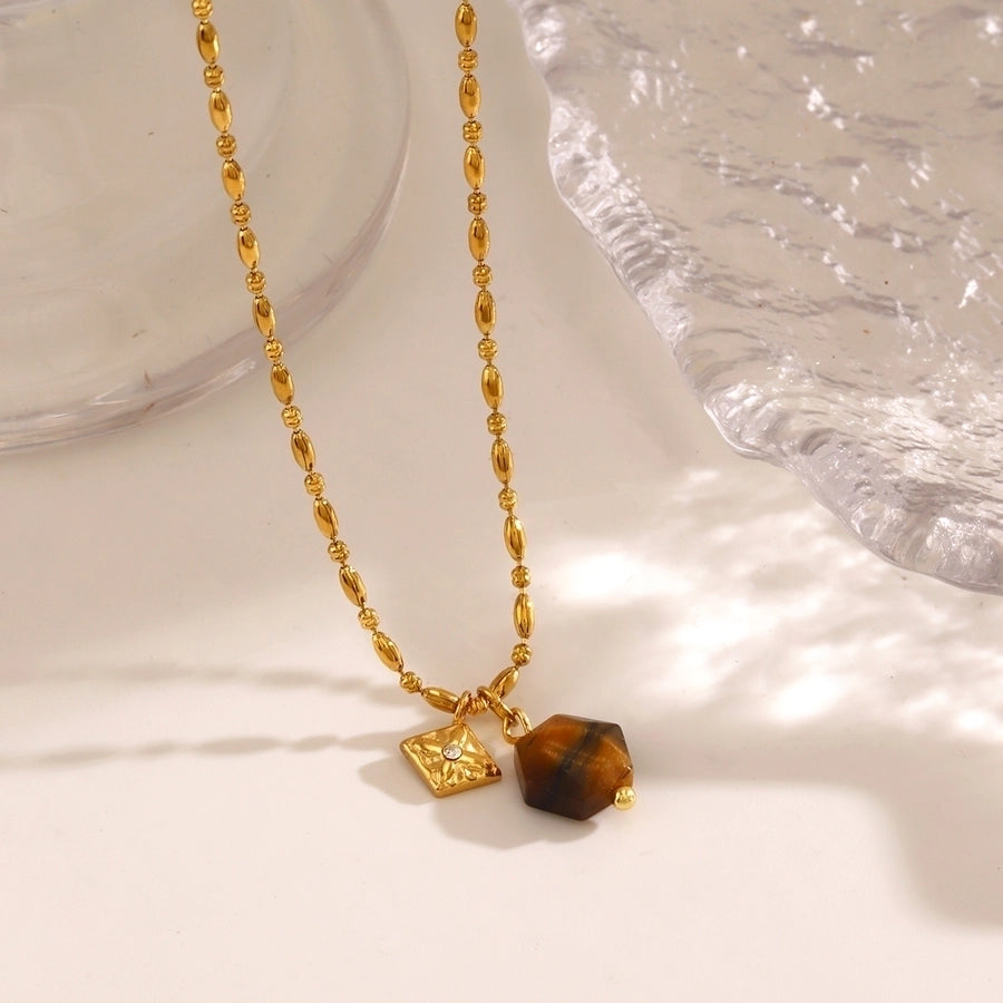 Jewelry Vintage Style Geometric 304 Stainless Steel Rhinestones Tiger Eye 18K Gold Plated Inlay Pendant Necklace