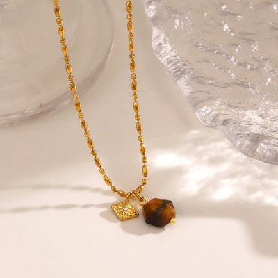 Jewelry Vintage Style Geometric 304 Stainless Steel Rhinestones Tiger Eye 18K Gold Plated Inlay Pendant Necklace